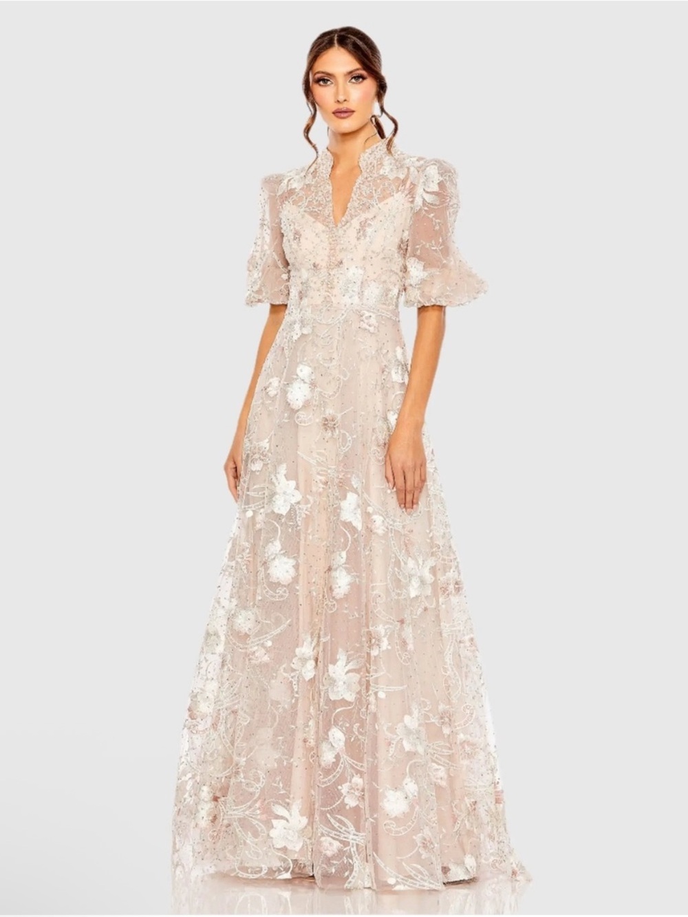 MAC DUGGAL
Pink Queen Anne Puff Sleeve Embroidered A-Line Gown